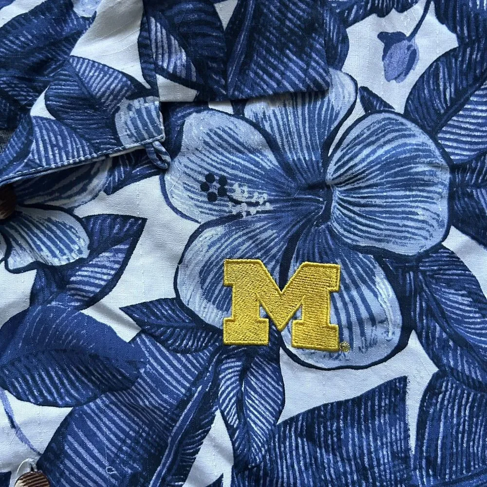 Michigan Wolverines Tommy Bahama 100% Silk Hawaiian Shirt Mens XXL Blue U of M